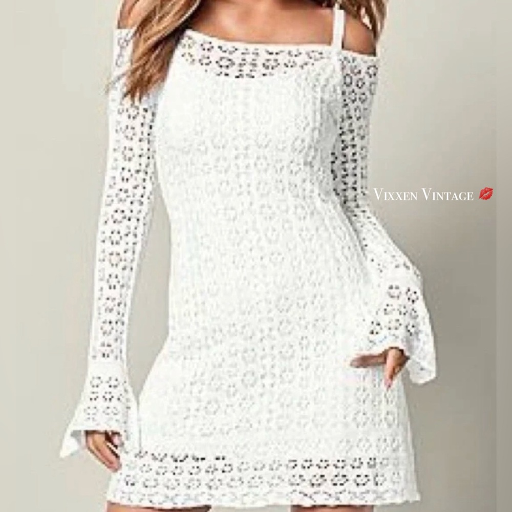 VENUS COLD SHOULDER BELL SLEEVE CROCHET BODYCON DRESS IN WHITE